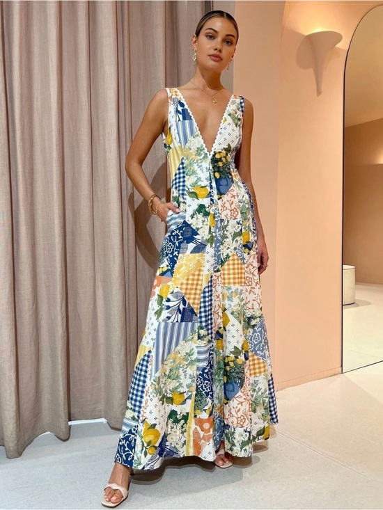 Commense Dresses & Skirts - Commense Lemonade Patchwork Maxi Dress - Blue, Yellow & White Deep-V neck